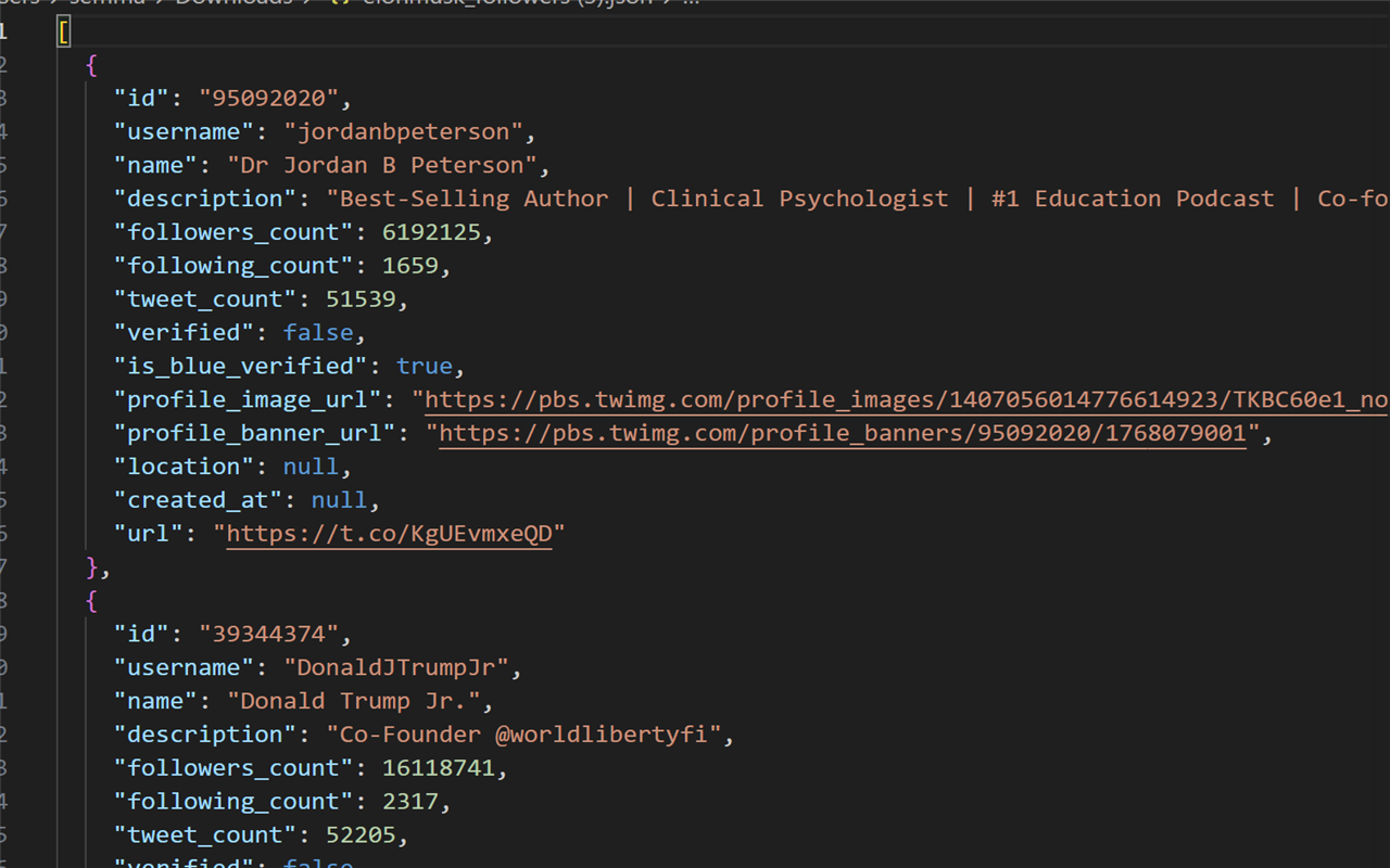 XTract JSON export output showing detailed follower data fields